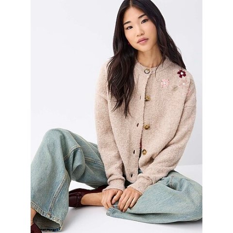 刺绣花卉粗花呢针织开衫