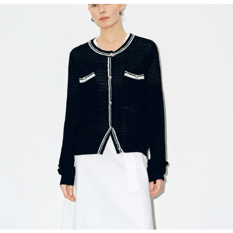 粗花呢圆领针织开衫