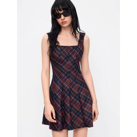 Gewebt 方领格纹迷你裙