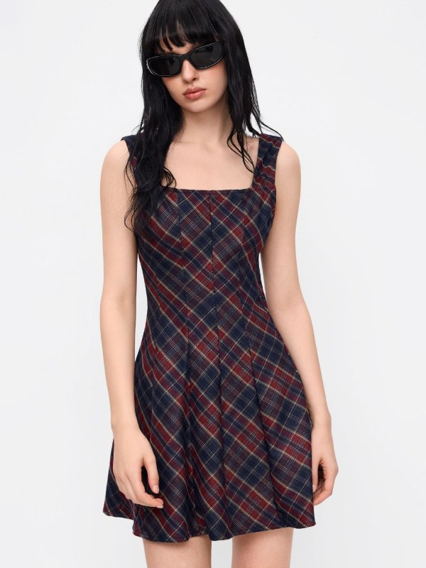 Gewebt 方领格纹迷你裙