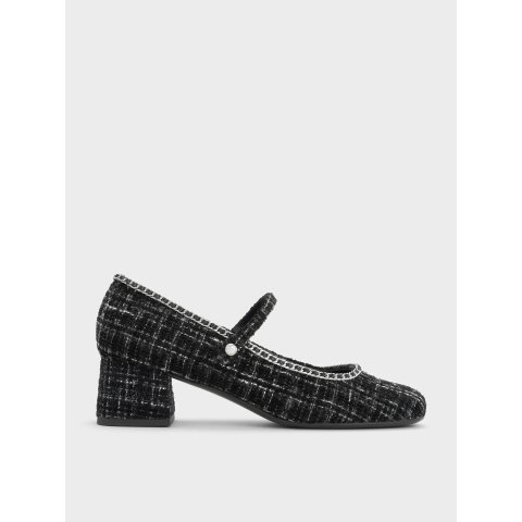 Charles & KeithTweed Braided-Chain Block-Heel Mary Jane Pumps Black