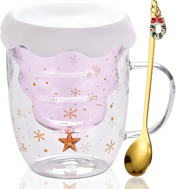 圣诞树双层玻璃杯 粉色带盖