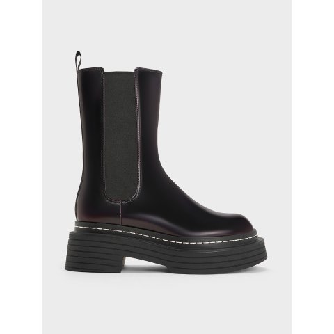 Charles & KeithStitch-Trim Mid-Calf Chelsea Boots Burgundy
