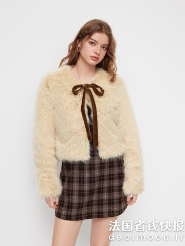 Faux Fur 圆领蝴蝶结长袖外套