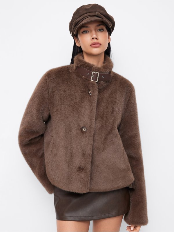 Faux Fur 长袖系带外套