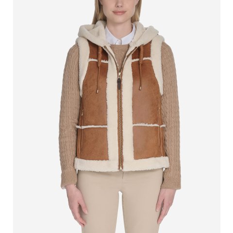 Waxed Suede Shearling Vest with Hood