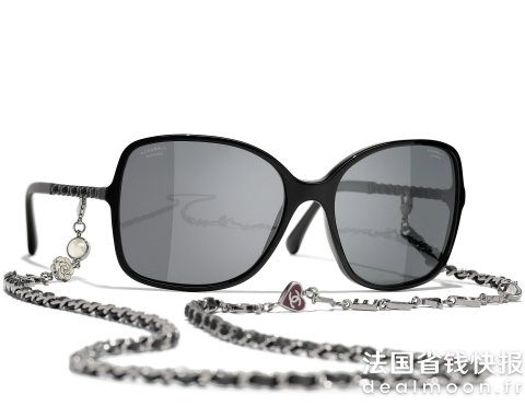 Chanel带链条版补货到Square 方形太阳镜 黑色