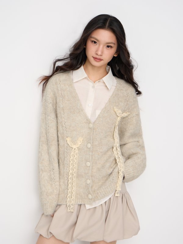 蕾丝V领羊毛开衫