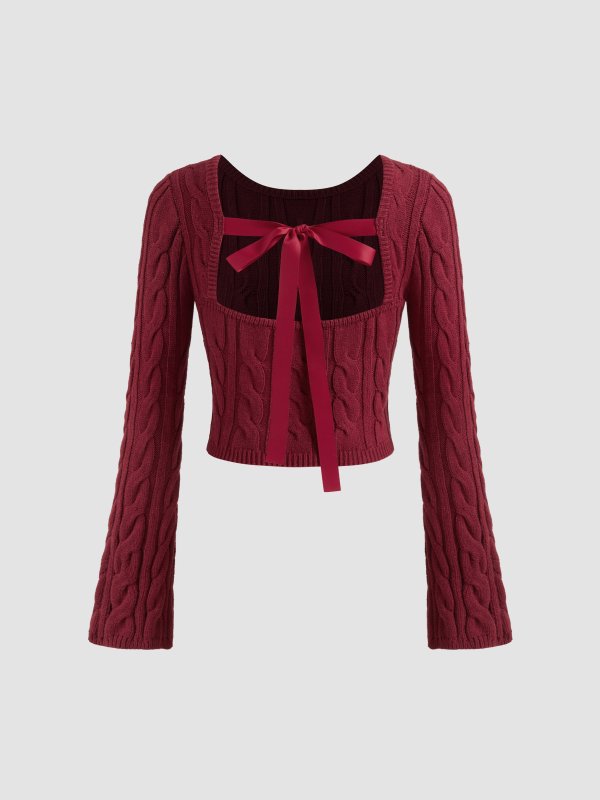 Christmas 圆领蝴蝶结长袖针织短款毛衣