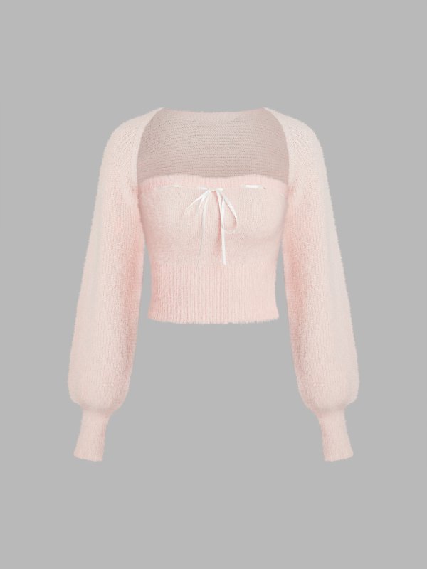 Knit 蝴蝶结抹胸针织短开衫套装