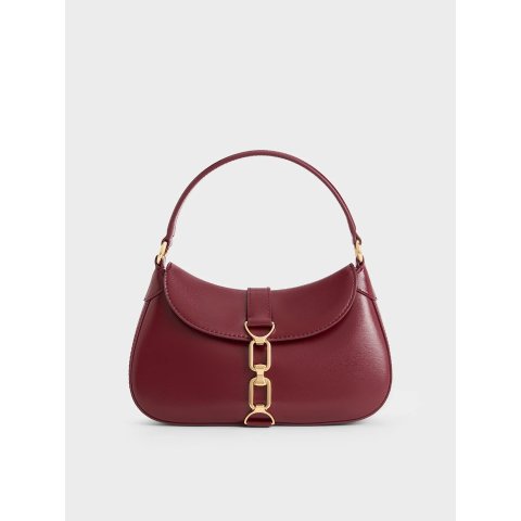 Charles & KeithAgatha Burgundy Chain-Accent Hobo Bag