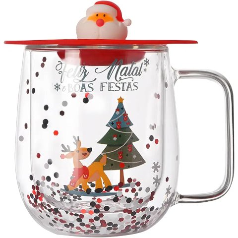 Christmas 红色双层玻璃咖啡杯 3D圣诞树杯盖