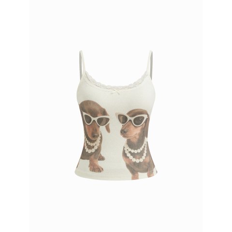 Knit 鹿图案蝴蝶结蕾丝吊带上衣