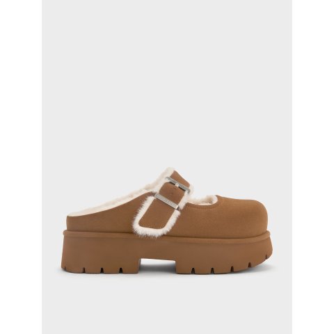 Charles & KeithBergen Textured Fur-Trim Buckled Platform Mules Brown