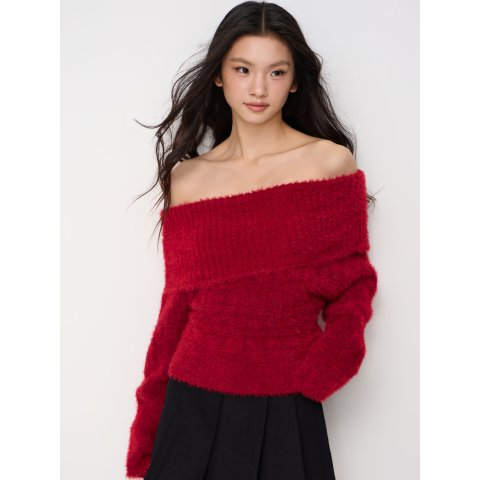 Christmas 针织露肩长袖上衣