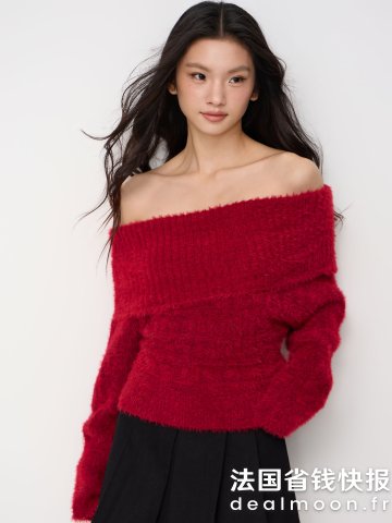 Christmas 针织露肩长袖上衣