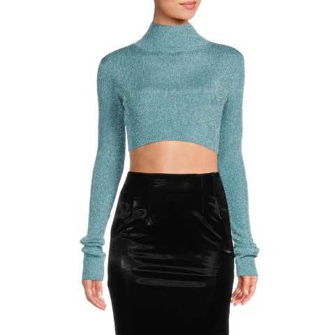 Metallic Ribbed Mock Turtleneck Cropped Sweater