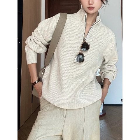 翻领拉链针织衫 白色