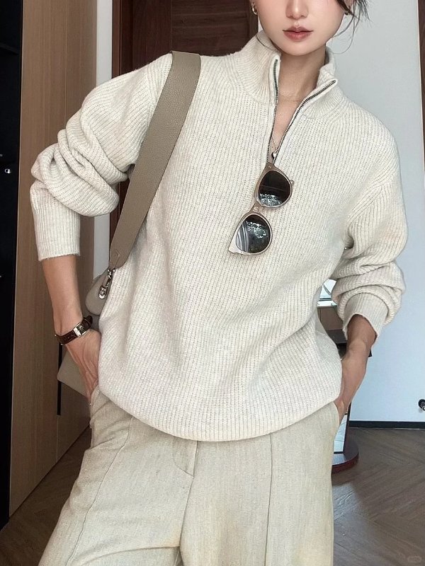 翻领拉链针织衫 白色