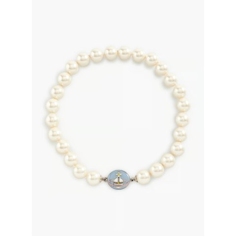 白珍珠蓝色珐琅土星项链