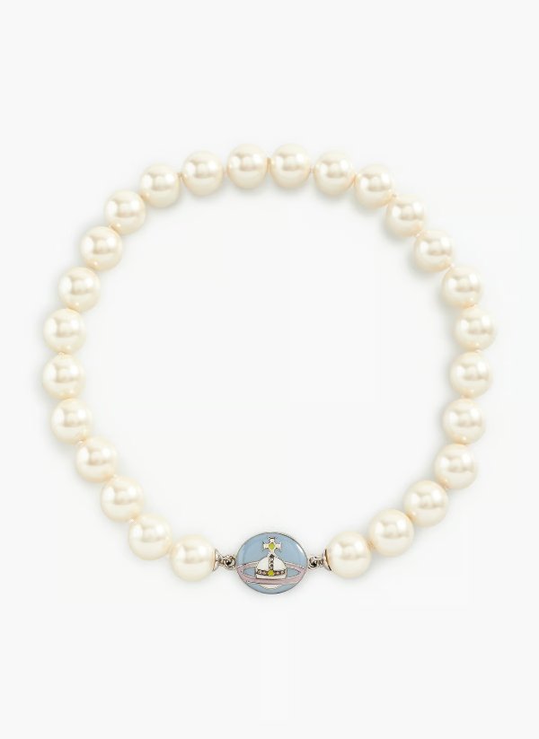 白珍珠蓝色珐琅土星项链