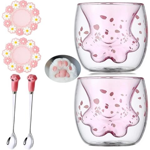Cat Paw 双层玻璃杯 带勺碟