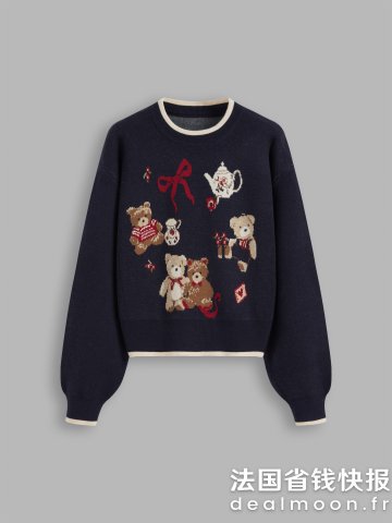 Knit Bear蝴蝶结圆领长袖上衣