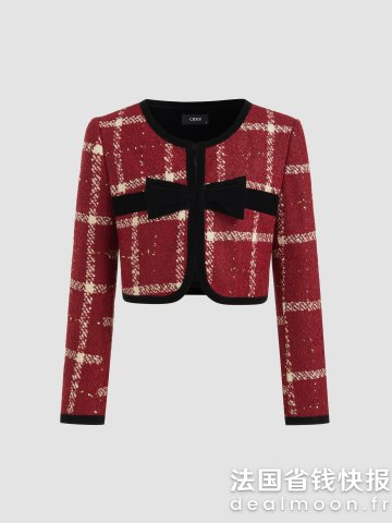 Tweed 圆领蝴蝶结短外套