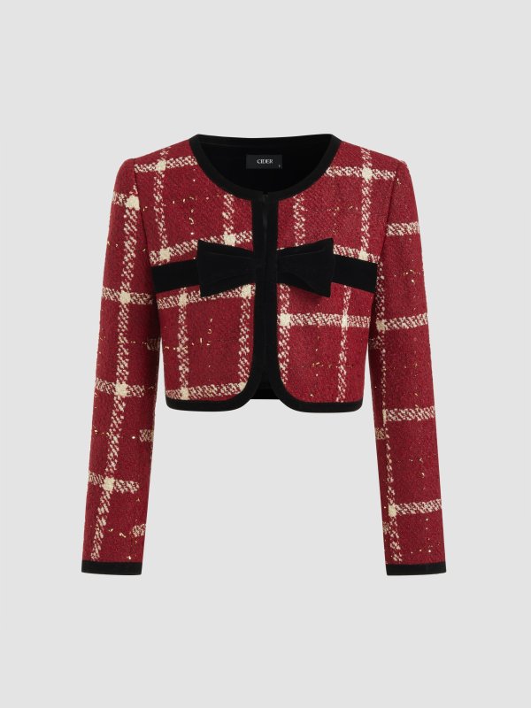 Tweed 圆领蝴蝶结短外套