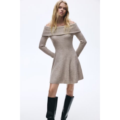 H&M针织露肩连衣裙 米色