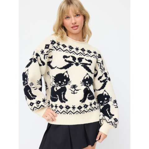 Knit 猫蝴蝶结圆领毛衣