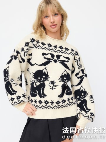 Knit 猫蝴蝶结圆领毛衣