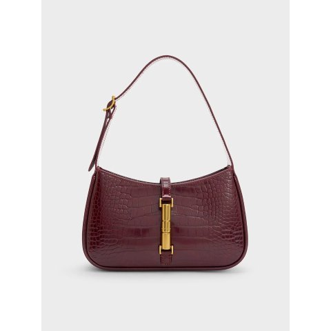 Charles & KeithCesia Croc-Effect Metallic Shoulder Bag Burgundy