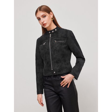 Suede 高领拉链骑士夹克