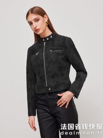 Suede 高领拉链骑士夹克