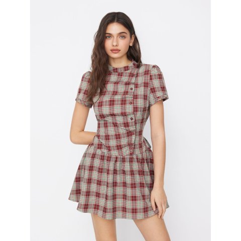 Kariertes迷你连衣裙 立领灯笼袖