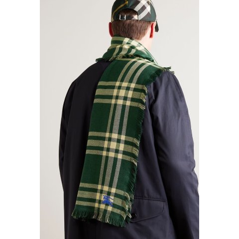 BurberryChecked Wool Silk-Blend Frayed Scarf