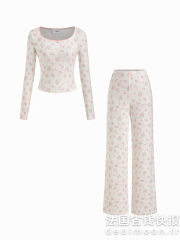 Knit U领花卉套装 长裤