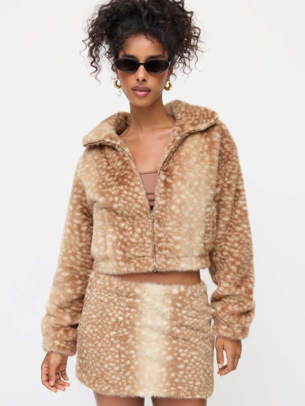 Faux Fur 高领拉链鹿纹外套