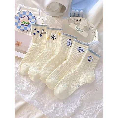 女士复古蓝色花朵中筒袜 5双装