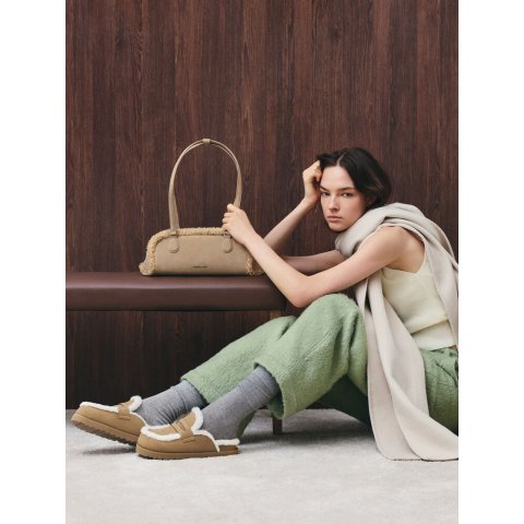 Charles & KeithNelly Recycled Suede Shoulder Bag Faux Shearling Nutmeg Beige