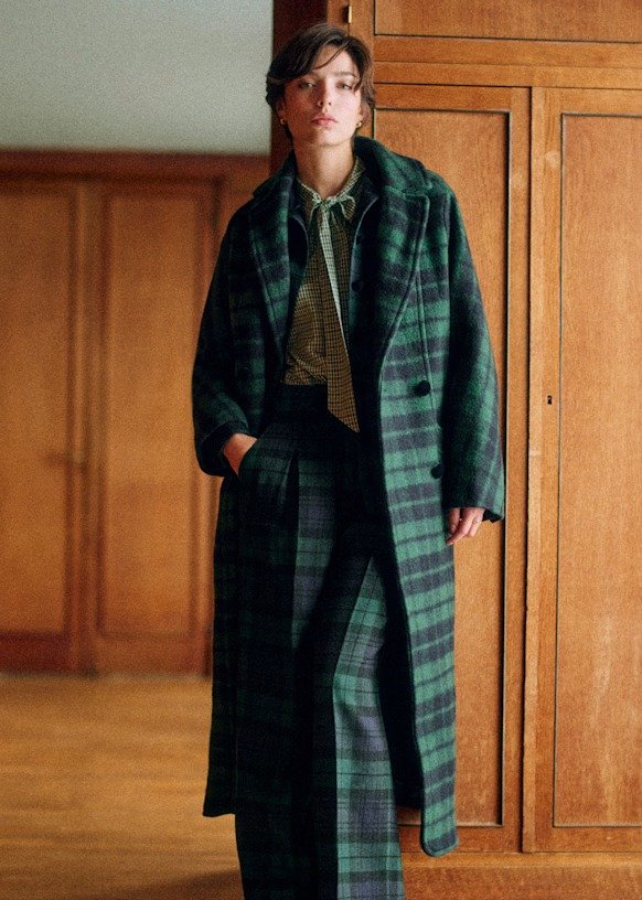 绿色格纹羊毛大衣