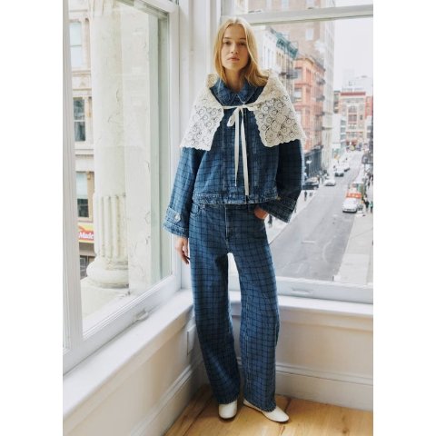 格纹复古牛仔裤