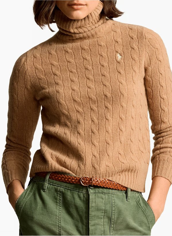 Ralph Lauren 针织羊毛羊绒高领毛衣 奶茶色