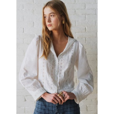镂空翻领白衬衫