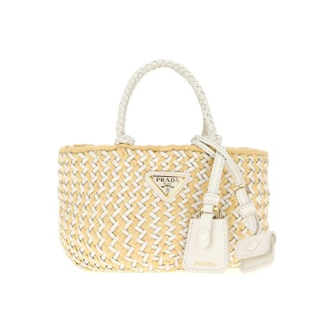 PradaTwo-tone Leather Raffia Handbag