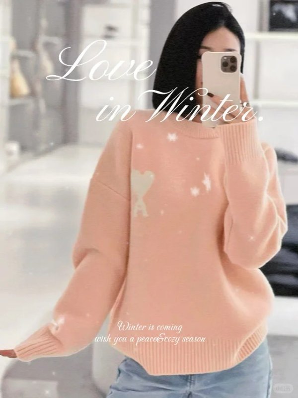 羊驼毛圆领毛衣 粉色