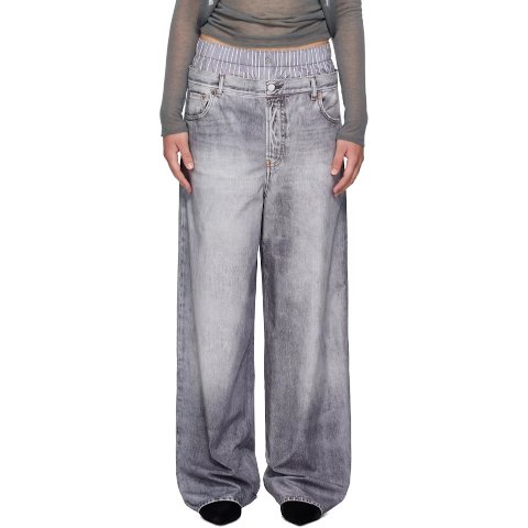 灰色 复古水洗双腰长裤