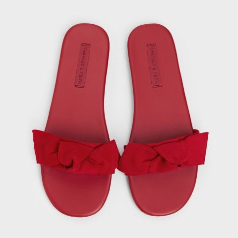 Charles & KeithAnika Faux Suede Knot-Bow Slides Red