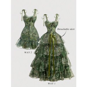 SHEIN MOD 复古花卉2合1连衣裙 绿色